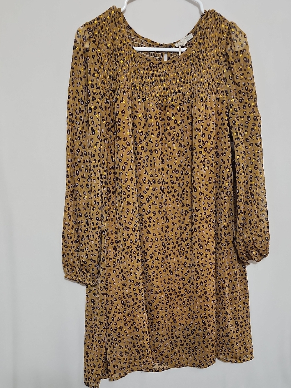 Mystree Mustard Leopard Smocked Yoke Long Sleeve Flowy Summer Lightweight Dress